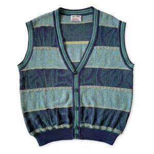Vintage V Neck Knit Sweater Vest Blue Green Cardigan Eclectic Grandpa Cottage